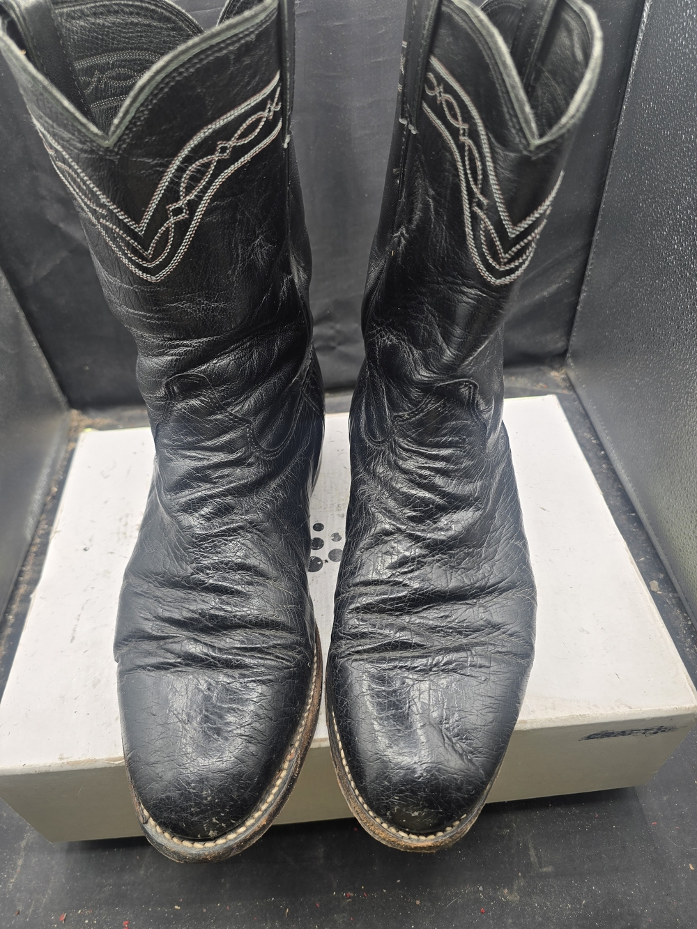 Justin Boots Black Leather Cowboy Boots with White Stitching